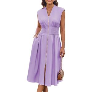 imageGRACE KARIN Womens Summer Casual Dress Business Office Work Dresses Cap Sleeve Zipper Front Flowy Midi Dress with PocketsLavender Purple