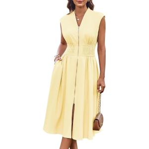 imageGRACE KARIN Womens Summer Casual Dress Business Office Work Dresses Cap Sleeve Zipper Front Flowy Midi Dress with PocketsLight Yellow