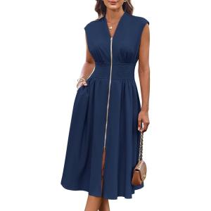 imageGRACE KARIN Womens Summer Casual Dress Business Office Work Dresses Cap Sleeve Zipper Front Flowy Midi Dress with PocketsNavy Blue