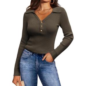imageGRACE KARIN Womens 2024 Fall Long Sleeve V Neck Pullover Sweater Casual Lapel Collar Slim Fitted Knit Tops