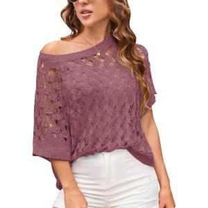 imageGRACE KARIN Womens 2025 Spring Summer Crochet Tops Scoop Neck Pullover Sweater Short Sleeve Off Shoulder Knit Beach Coverup