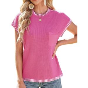 imageGRACE KARIN Womens Cap Sleeve Sweater Vest Crewneck Knit Casual Sweater Trendy 2025 Y2K Summer Shirt TopsRose Red