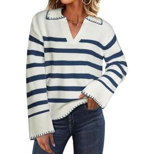 imageGRACE KARIN Womens Fall Fashion 2024 Sweater Long Sleeve Striped Contrast V Neck Knit Pullover Tops Trend Outfits