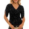image:imageGRACE KARIN Womens 34 Length Sleeve Sequin Tops V Neck Velvet Ruched Blouses 2026 Glitter Trendy Party OutfitBlack