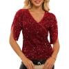 image:imageGRACE KARIN Womens 34 Length Sleeve Sequin Tops V Neck Velvet Ruched Blouses 2026 Glitter Trendy Party OutfitRed