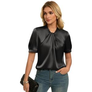 image:imageGRACE KARIN Dressy Tops for WomenShort Sleeve Satin BlouseBusiness Casual Office TopBlack