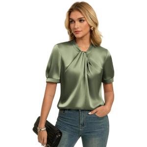 image:imageGRACE KARIN Dressy Tops for WomenShort Sleeve Satin BlouseBusiness Casual Office TopLight Green
