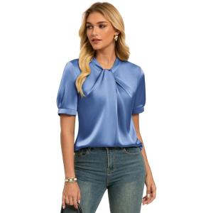 image:imageGRACE KARIN Dressy Tops for WomenShort Sleeve Satin BlouseBusiness Casual Office TopSlate Blue