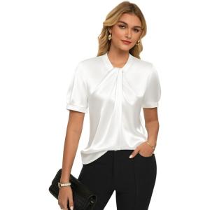 image:imageGRACE KARIN Dressy Tops for WomenShort Sleeve Satin BlouseBusiness Casual Office TopWhite