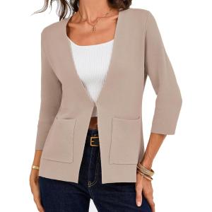 image:imageGRACE KARIN Women 34 Sleeve Sweater Blazer Lightweight Open Front Cardigan Knit Jackets Business Casual with PocketsKhaki