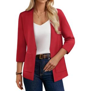image:imageGRACE KARIN Women 34 Sleeve Sweater Blazer Lightweight Open Front Cardigan Knit Jackets Business Casual with PocketsRed