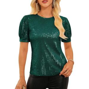 image:imageGRACE KARIN Womens Full Sequin Tops Sparkle Glitter Blouses Lantern Short Sleeve Shirts Dressy Party Concert OutfitsDark Green