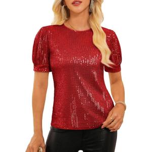 image:imageGRACE KARIN Womens Full Sequin Tops Sparkle Glitter Blouses Lantern Short Sleeve Shirts Dressy Party Concert OutfitsRed