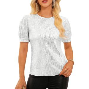 image:imageGRACE KARIN Womens Full Sequin Tops Sparkle Glitter Blouses Lantern Short Sleeve Shirts Dressy Party Concert OutfitsWhite