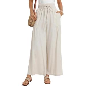 image:imageGRACE KARIN Womens Palazzo Pants Summer High Waist Boho Wide Leg Casual Flowy Pants Beach Vacation Outfits with PocketsApricot