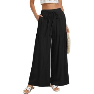 image:imageGRACE KARIN Womens Palazzo Pants Summer High Waist Boho Wide Leg Casual Flowy Pants Beach Vacation Outfits with PocketsBlack
