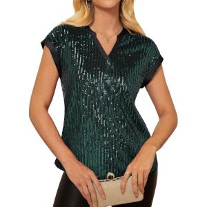 image:imageGRACE KARIN Womens Sequin Sparkly Tops Cap Sleeve Dressy Blouses Glitter Party Tops V Neck Disco Shirts Club Concert OutfitsDark Green