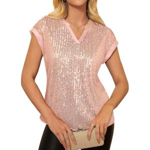 image:imageGRACE KARIN Womens Sequin Sparkly Tops Cap Sleeve Dressy Blouses Glitter Party Tops V Neck Disco Shirts Club Concert OutfitsRose Gold Pink