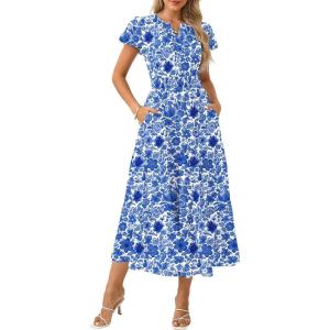 image:imageGRACE KARIN Womens Summer Dresses 2026 Casual Floral Puff Short Sleeve V Neck Dress A Line Flowy Boho Maxi Dress with PocketsBlue Floral