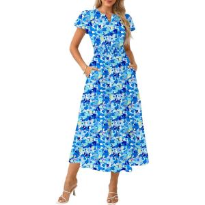 image:imageGRACE KARIN Womens Summer Dresses 2026 Casual Floral Puff Short Sleeve V Neck Dress A Line Flowy Boho Maxi Dress with PocketsBlue Yellow Floral