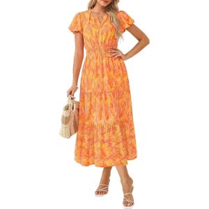 image:imageGRACE KARIN Womens Summer Dresses 2026 Casual Floral Puff Short Sleeve V Neck Dress A Line Flowy Boho Maxi Dress with PocketsOrange Yellow Floral