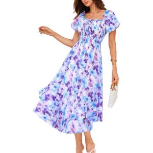 image:imageGRACE KARIN Womens Summer Floral Maxi Dress 2026 Puff Short Sleeve Wedding Guest Dresses Square Neck Smocked Tiered DressBlue Purple Floral