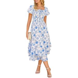 image:imageGRACE KARIN Womens Summer Floral Maxi Dress 2026 Puff Short Sleeve Wedding Guest Dresses Square Neck Smocked Tiered DressWhite Blue Floral