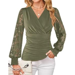 image:imageGRACE KARIN Womens Tops Dressy Casual Elegant Lace Sleeve Shirts Wrap Ruched Blouses 2026 Spring Fashion OutfitsArmy Green