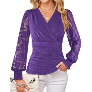 image:imageGRACE KARIN Womens Tops Dressy Casual Elegant Lace Sleeve Shirts Wrap Ruched Blouses 2026 Spring Fashion OutfitsDark Purple