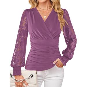image:imageGRACE KARIN Womens Tops Dressy Casual Elegant Lace Sleeve Shirts Wrap Ruched Blouses 2026 Spring Fashion OutfitsDusty Purple