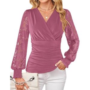 image:imageGRACE KARIN Womens Tops Dressy Casual Elegant Lace Sleeve Shirts Wrap Ruched Blouses 2026 Spring Fashion OutfitsFuchsia