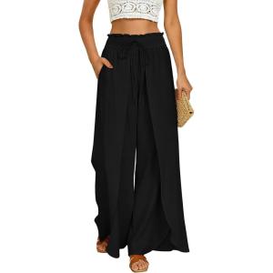 image:imageGRACE KARIN Womens Wide Leg Summer Pants Flowy Side Split Palazzo Beach Pants Boho Drawstring High Waisted TrousersBlack