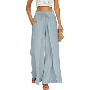 image:imageGRACE KARIN Womens Wide Leg Summer Pants Flowy Side Split Palazzo Beach Pants Boho Drawstring High Waisted TrousersLight Blue