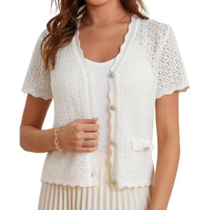 image:imageWomens 2026 Cropped Cardigan Short Sleeve Lightweight Crochet Shrug HollowedOut Knit Sweater TopsWhite