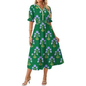 image:imageGRACE KARIN Womens Summer Floral Maxi Dress 2026 Casual Ruffle Short Sleeve Boho Dress A Line Flowy Dresses with PocketsGreen Blue Flower