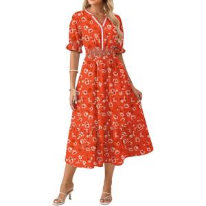 image:imageGRACE KARIN Womens Summer Floral Maxi Dress 2026 Casual Ruffle Short Sleeve Boho Dress A Line Flowy Dresses with PocketsOrange Flower