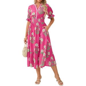 image:imageGRACE KARIN Womens Summer Floral Maxi Dress 2026 Casual Ruffle Short Sleeve Boho Dress A Line Flowy Dresses with PocketsPink Yellow Flower