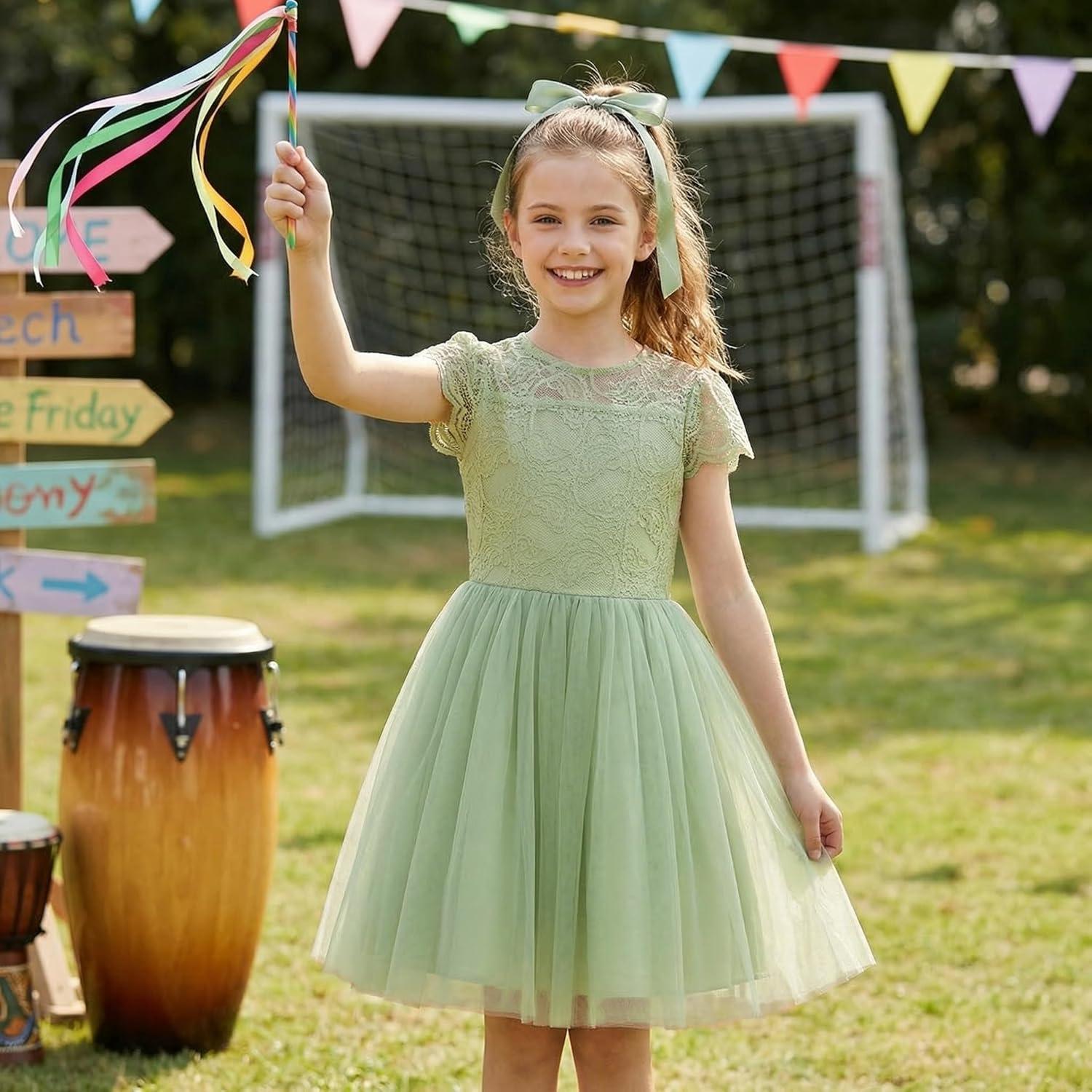 image:imageGRACE KARIN Flower Girl Dress with Big BowKids Lace Tulle Princess GownWedding Formal Birthday Party Pageant 510YSage Green
