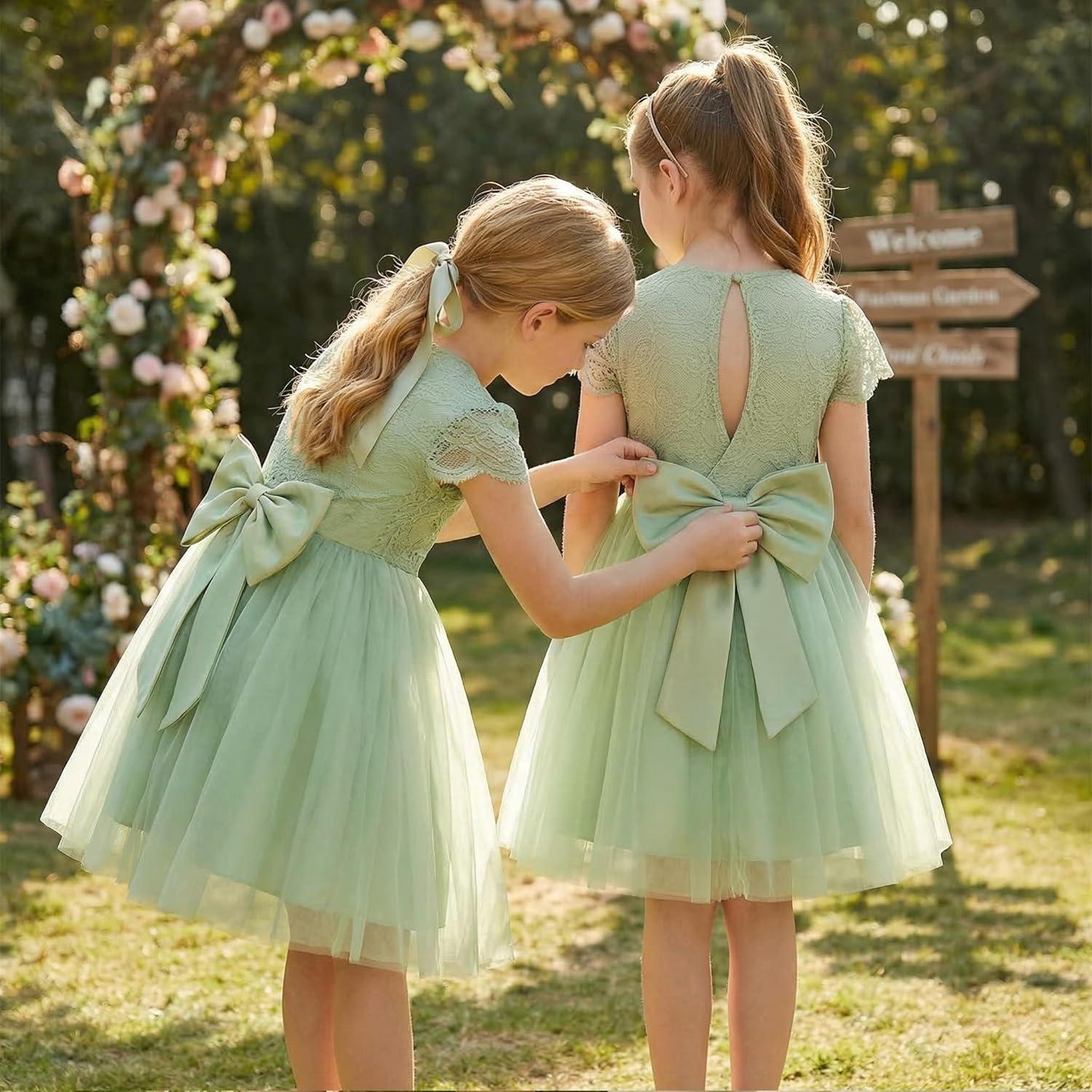 image:imageGRACE KARIN Flower Girl Dress with Big BowKids Lace Tulle Princess GownWedding Formal Birthday Party Pageant 510YSage Green
