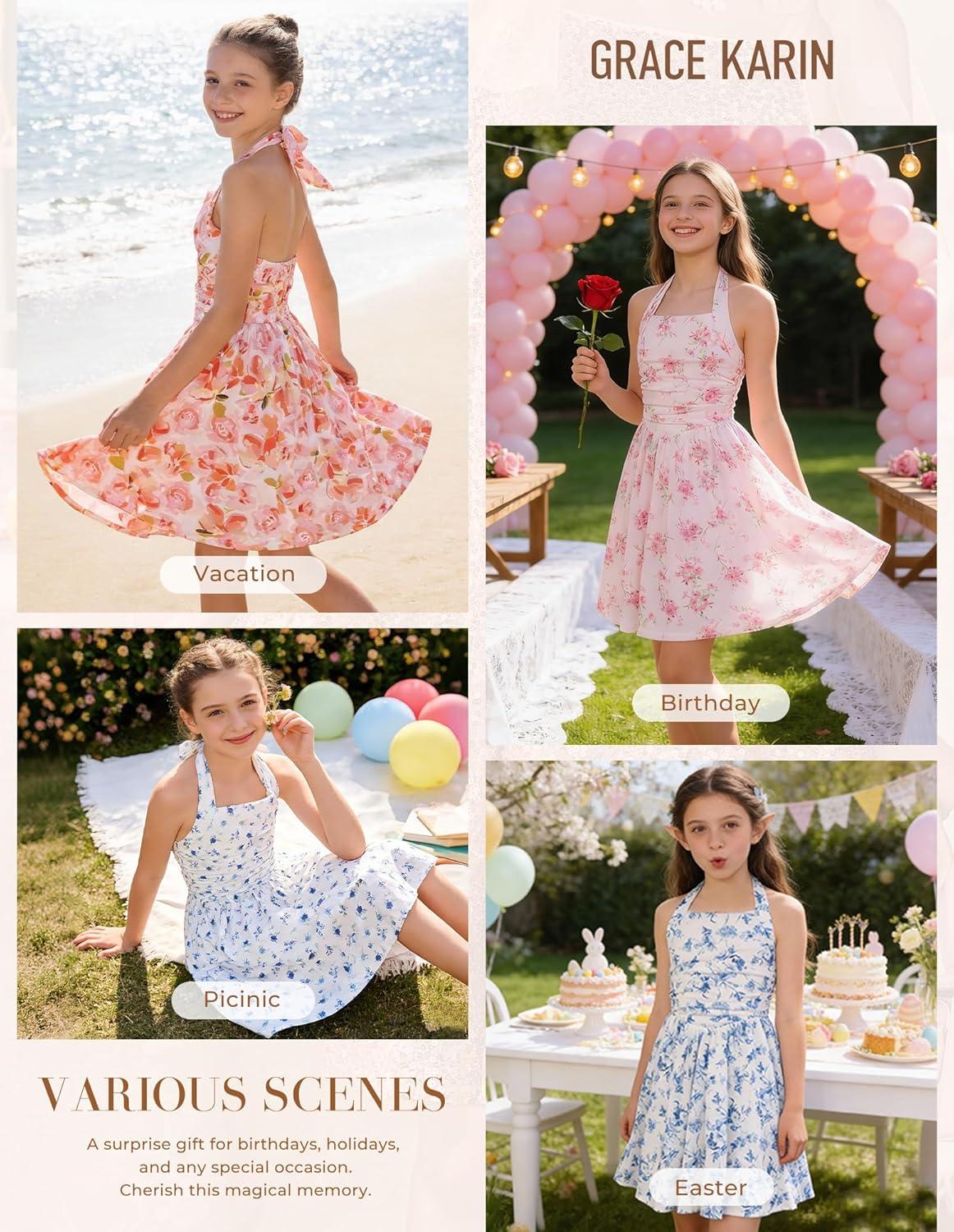 image:imageGRACE KARIN Girls Floral Summer Dress Spring Holiday Beach Party Sundress Halter Neck Tie Backless Dresses 716 YearsPink