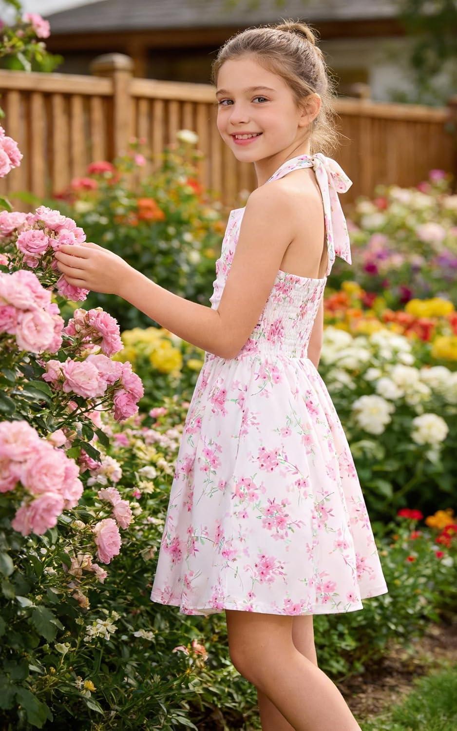 image:imageGRACE KARIN Girls Floral Summer Dress Spring Holiday Beach Party Sundress Halter Neck Tie Backless Dresses 716 YearsPink