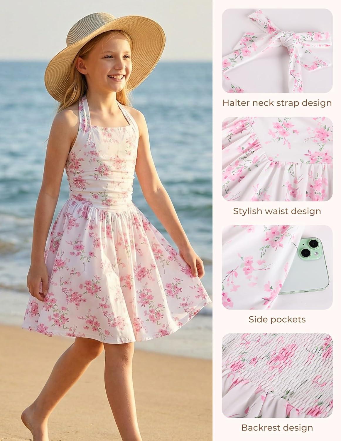 image:imageGRACE KARIN Girls Floral Summer Dress Spring Holiday Beach Party Sundress Halter Neck Tie Backless Dresses 716 YearsPink