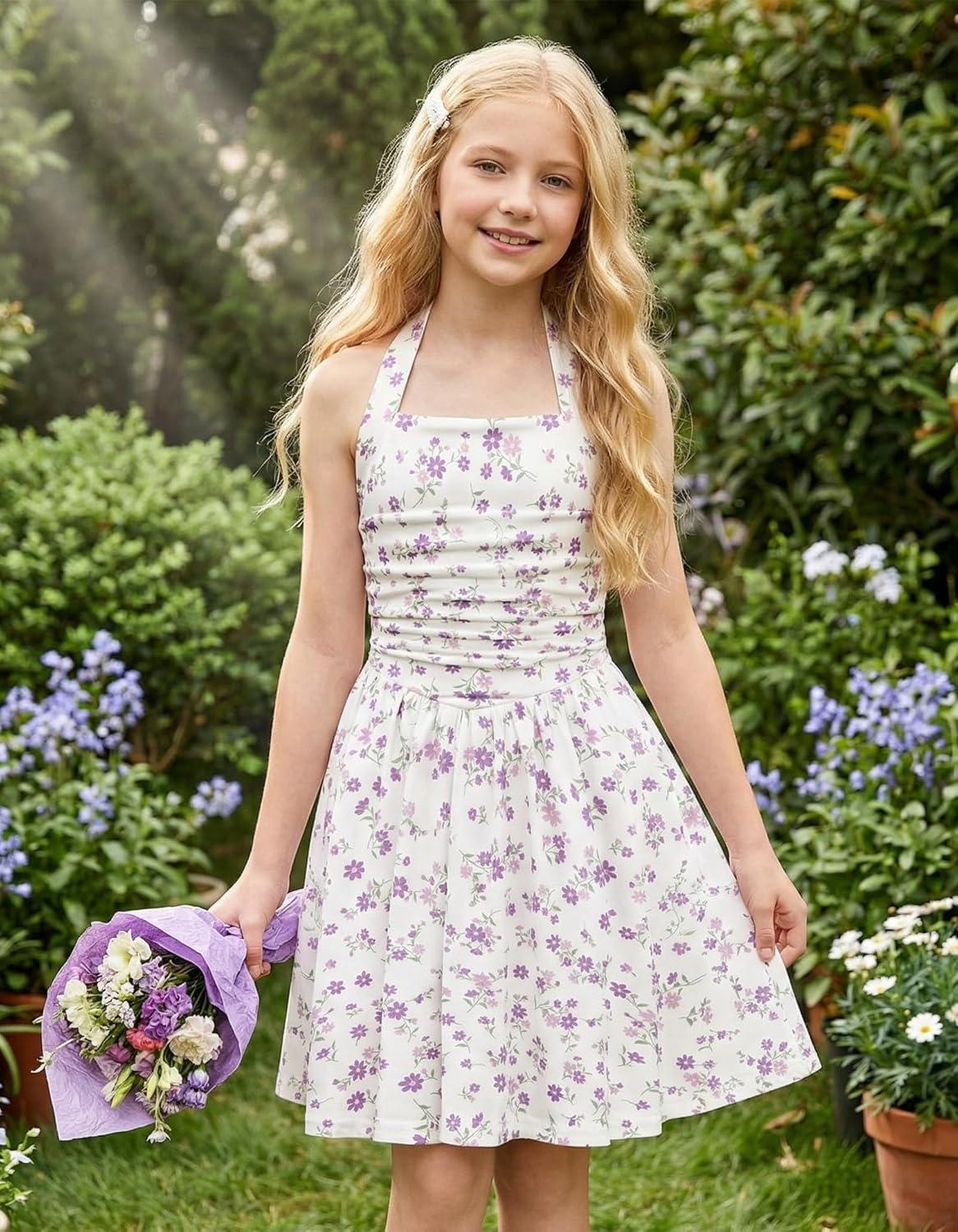 image:imageGRACE KARIN Girls Floral Summer Dress Spring Holiday Beach Party Sundress Halter Neck Tie Backless Dresses 716 YearsPurple
