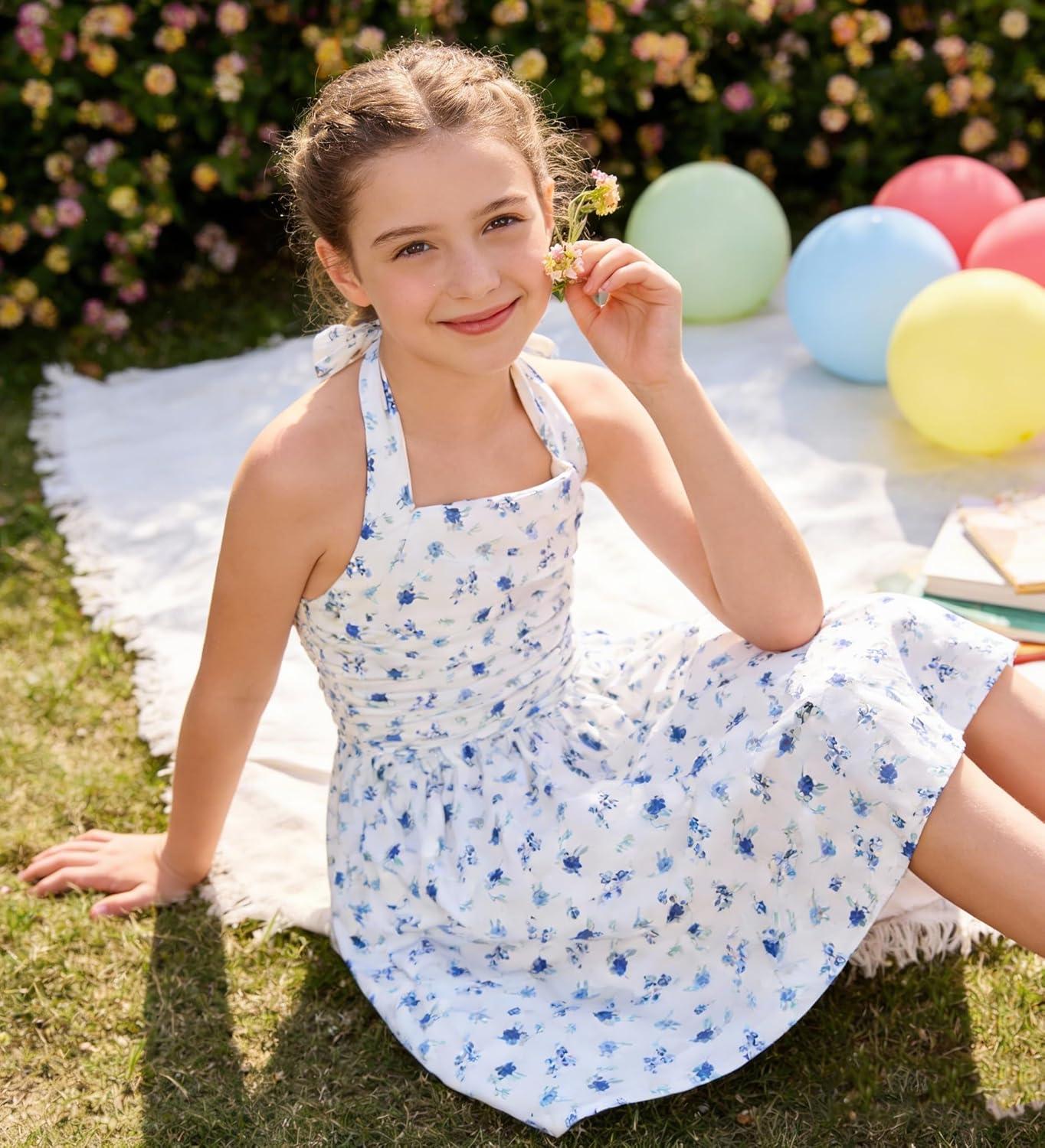 image:imageGRACE KARIN Girls Floral Summer Dress Spring Holiday Beach Party Sundress Halter Neck Tie Backless Dresses 716 YearsWhite and Blue Floral