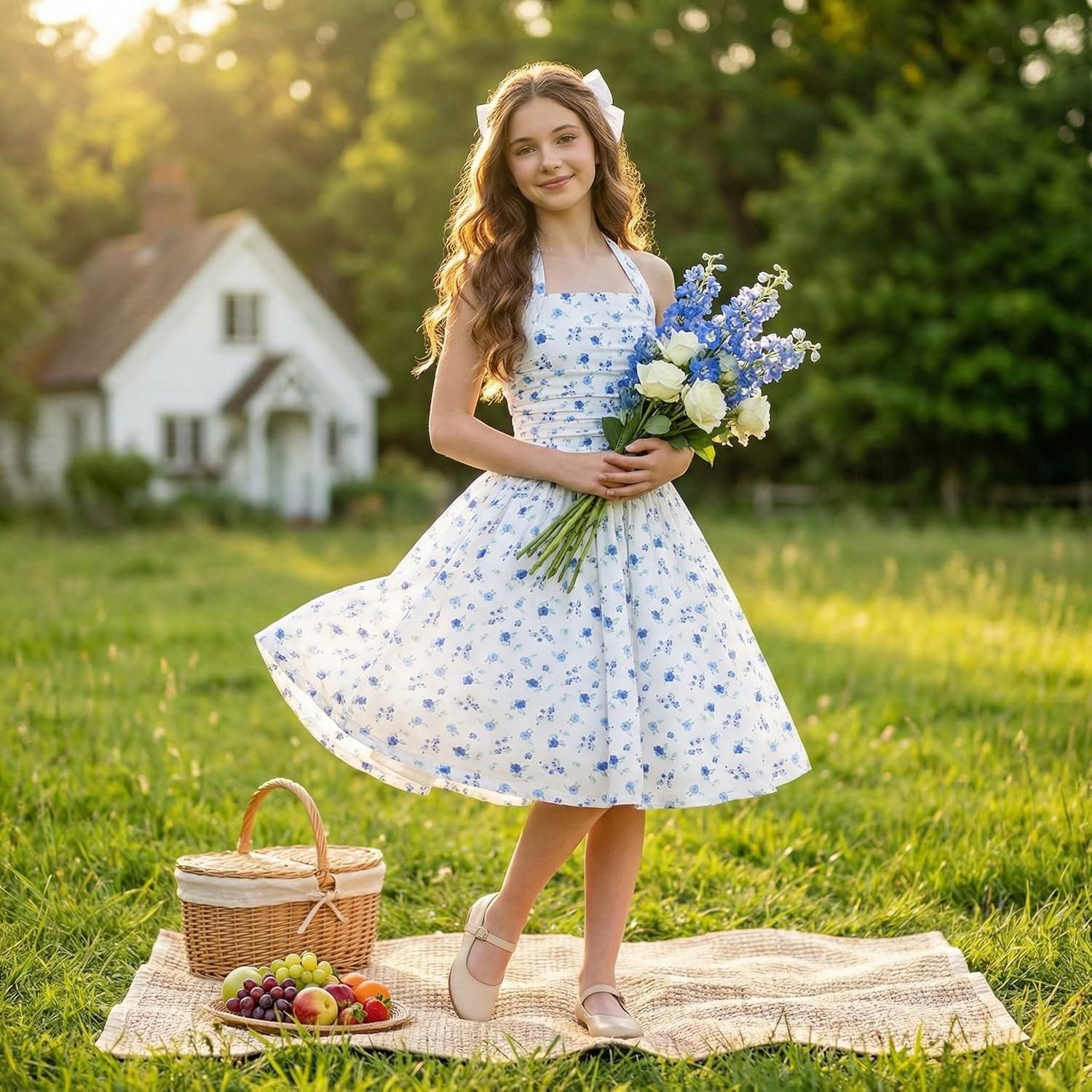 image:imageGRACE KARIN Girls Floral Summer Dress Spring Holiday Beach Party Sundress Halter Neck Tie Backless Dresses 716 YearsWhite and Blue Floral