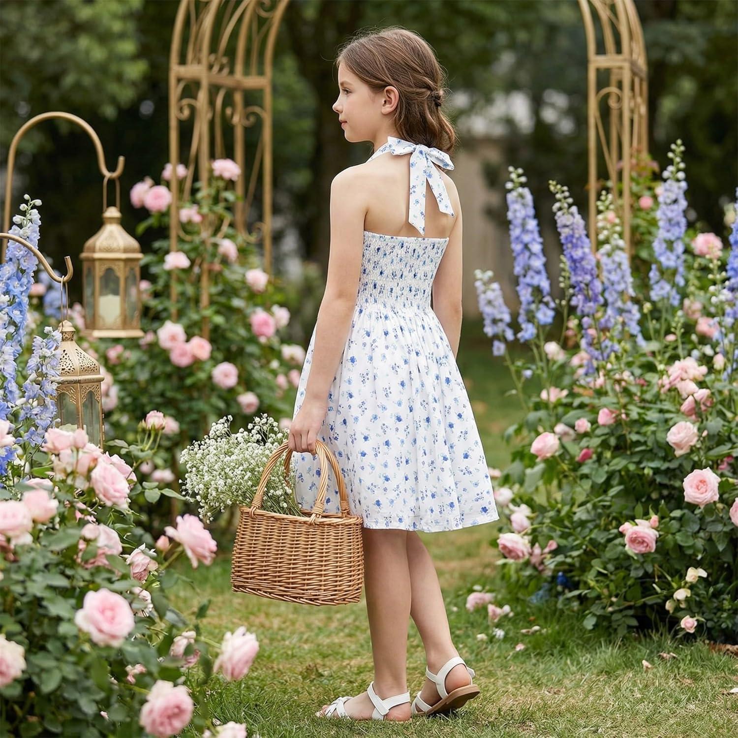 image:imageGRACE KARIN Girls Floral Summer Dress Spring Holiday Beach Party Sundress Halter Neck Tie Backless Dresses 716 YearsWhite and Blue Floral