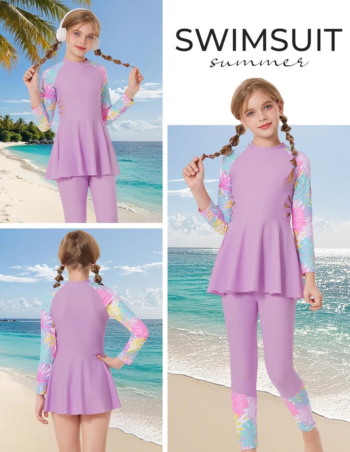 image:imageGRACE KARIN Girls Long Sleeve Swimsuit 3 Pieces Rash Guard Set Bathing Suits for Teens Size 714Purple Flower