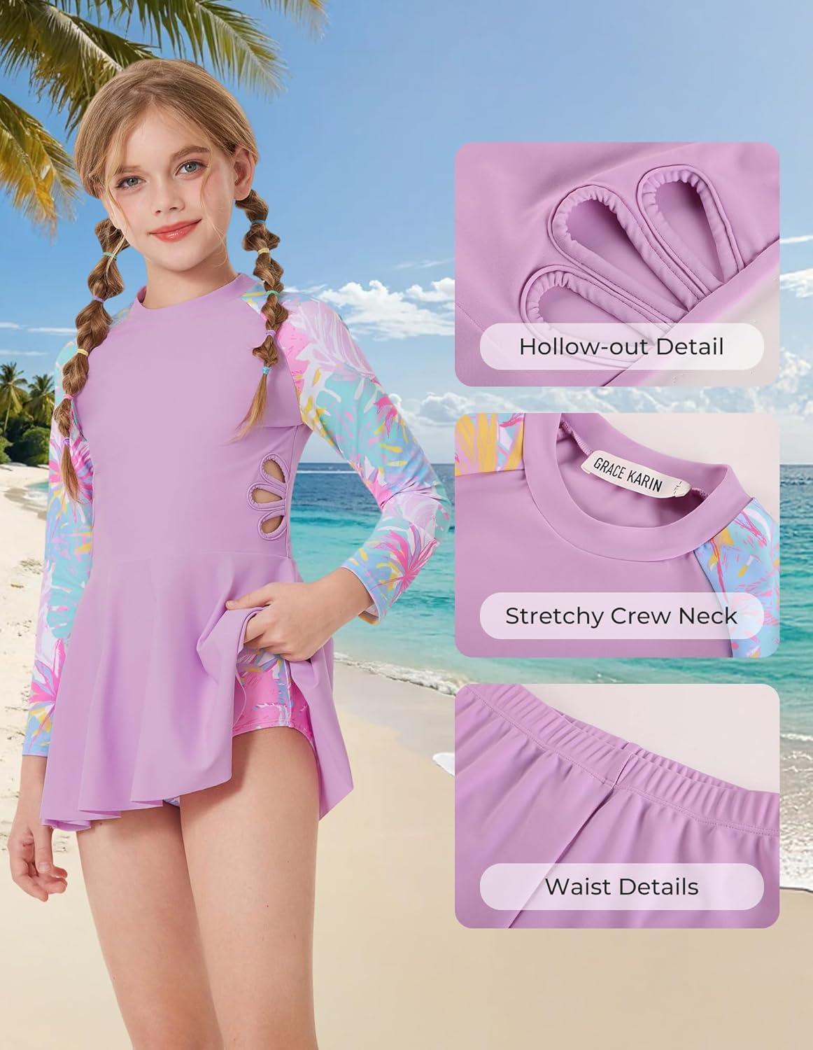 image:imageGRACE KARIN Girls Long Sleeve Swimsuit 3 Pieces Rash Guard Set Bathing Suits for Teens Size 714Purple Flower