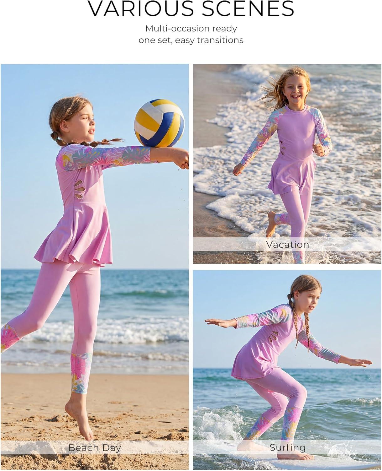 image:imageGRACE KARIN Girls Long Sleeve Swimsuit 3 Pieces Rash Guard Set Bathing Suits for Teens Size 714Purple Flower