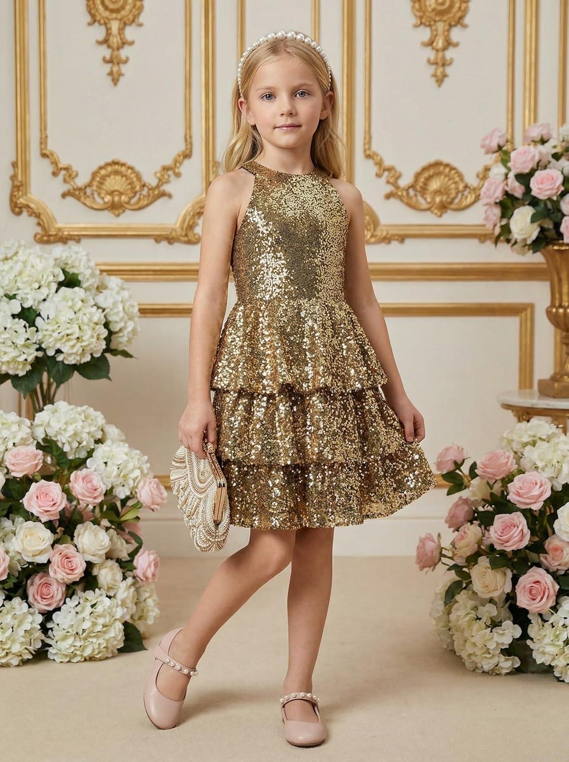 image:imageGRACE KARIN Girls Sequin Party Dress Kids Sparkly Formal Birthday Teen Special Occasion Fancy Pageant Dresses Size 614Gold Black